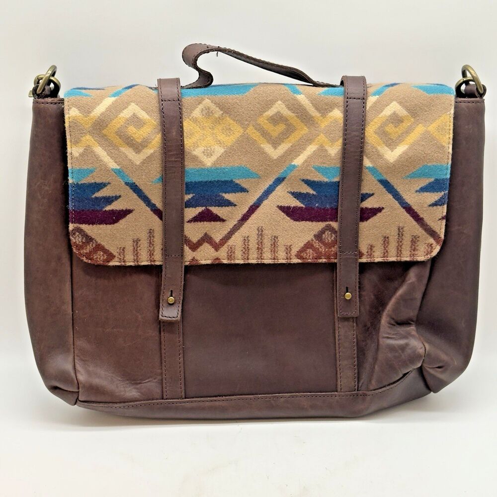 Vtg. Pendleton SouthWestern Aztec Wool & Brown Leather Messenger Bag RARE Laptop
